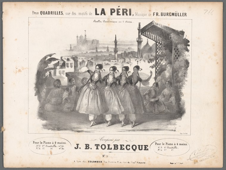 Four women in 1840s ballroom dress stand in a line on a theatrical stage, posed in a quadrille formation with an Oriental cityscape behind them.