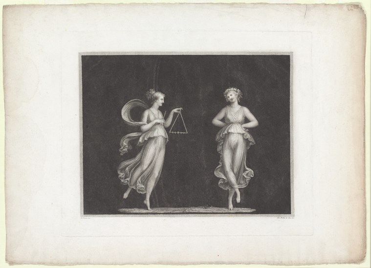 Two classical female figures in high-waisted gowns stand in turned-out ballet positions, one holding a balance scale, against dark background.