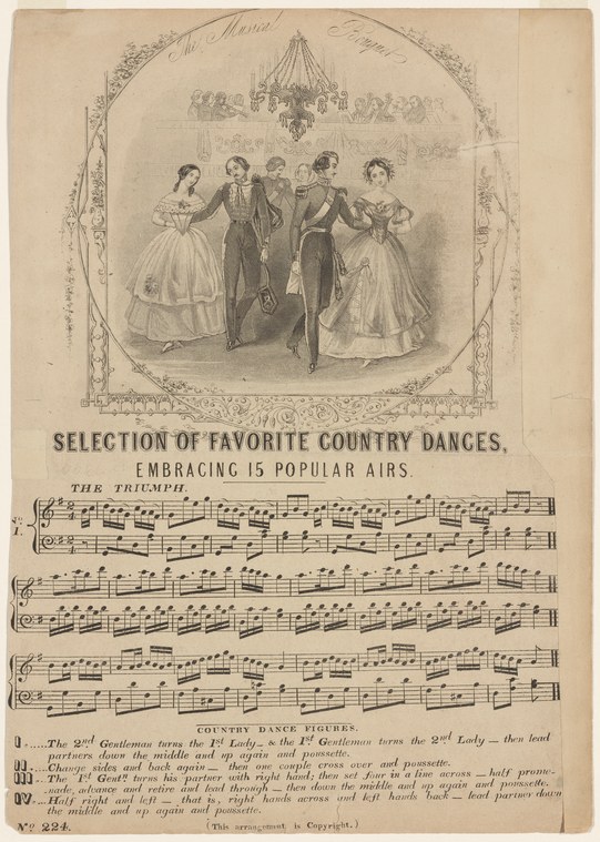 Engraved sheet music cover with title page showing five figures in 1840s ballroom dress and below it musical notation and dance instructions.