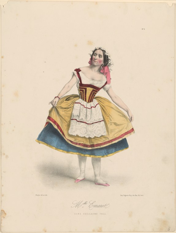 A young woman in a burgundy corset and gold skirt with white apron stands en pointe, gazing upward, in 19th-century theatrical costume.