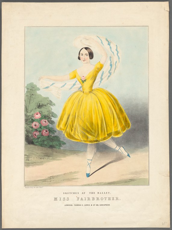 Young woman in yellow ball gown holds an arabesque pose on demi-pointe, holding a white parasol, wearing a white bonnet.