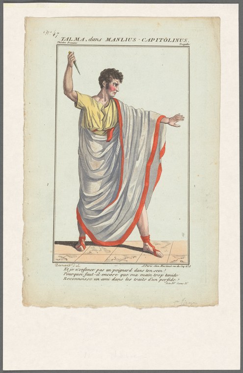 Hand-coloured engraving of a male actor in yellow tunic and grey cloak trimmed in red, standing in a formal oratorical pose with one arm raised and the other