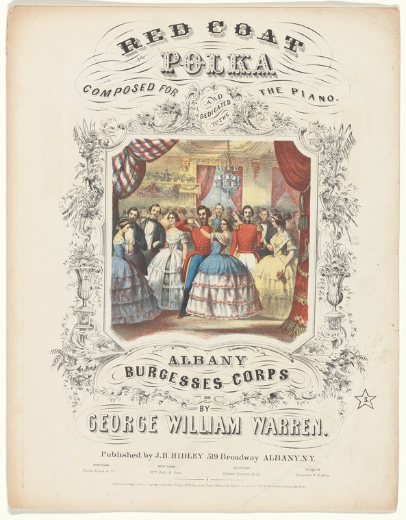 Hand-colored lithograph of a couple dancing polka in a crowded ballroom; the man wears a bright red coat, the woman a white skirt with red trim, both in