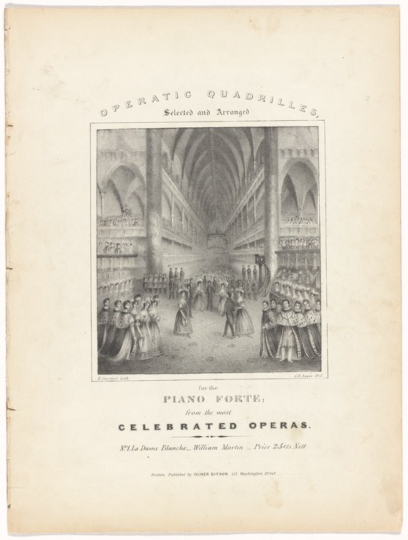 Engraving of a grand cathedral interior with white-gowned chorus members flanking a central dance space where formally dressed figures enact a quadrille.