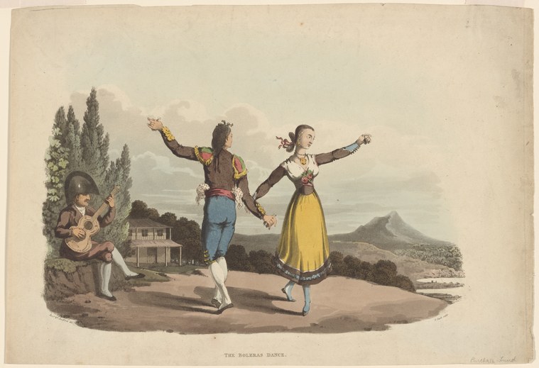 A hand-colored engraving of a couple dancing outdoors: a man in a military jacket and a woman in a yellow dress, both leaping with arms extended, accompanied