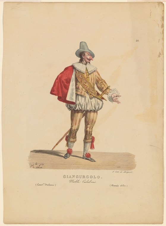 Hand-colored engraving of Giangurgolo, a commedia dell'arte character in elaborate gold doublet, white breeches, red cape, and feathered hat, one arm extended