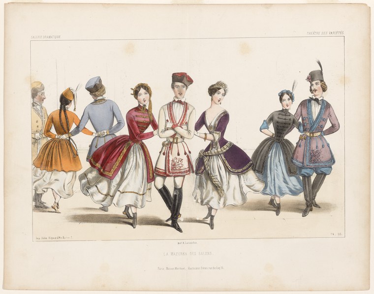 Nine people in 1850s ballroom dress arranged in a line, some posed as dance partners, in a hand-colored lithograph.