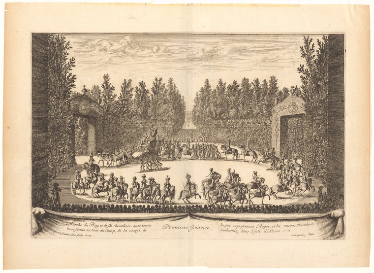 Formal procession of elaborately dressed courtiers in ordered ranks in a palace garden, framed by hedges, cavalry, and a theatrical curtain.