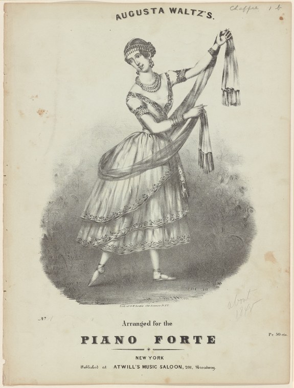 Engraved image of a woman in classical ballet costume posed en relevé with one leg extended, holding draped fabric aloft, from a music cover.