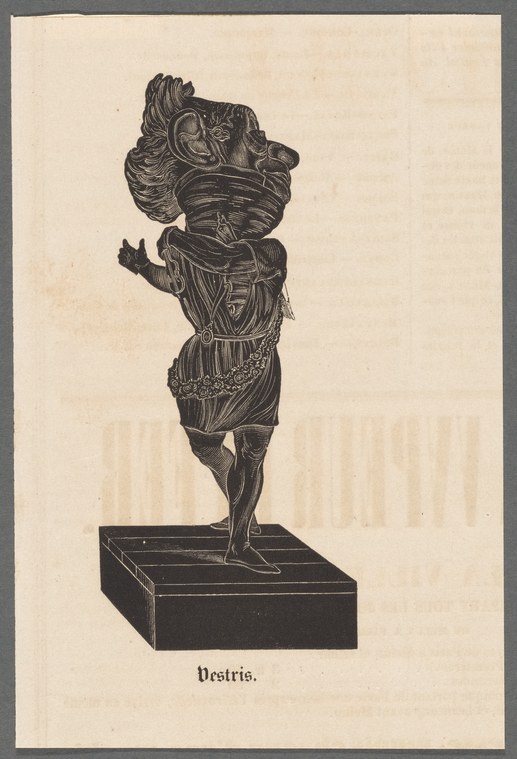 Engraving of a classical male figure in Greco-Roman costume standing on a plinth, left arm raised, gaze lifted.