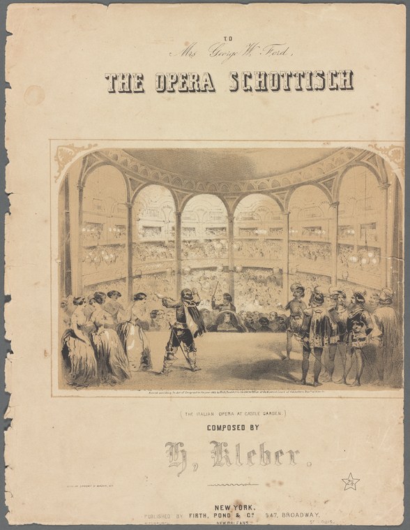 Couples in Victorian formal dress execute the schottische on a ballroom floor framed by a grand proscenium arch, with rows of spectators in the windows above.