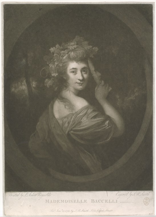 Engraved portrait of a woman in a high-waisted neoclassical dress with a flower crown, her raised hand near her head, set in a circular frame.