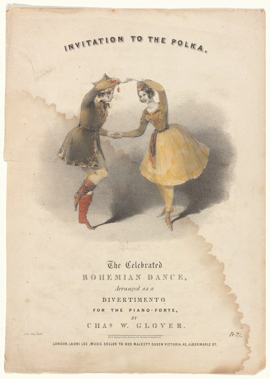 Two dancers in formal Victorian dress face each other in a polka, the woman in a pale yellow skirt, the man in dark jacket and red boots.