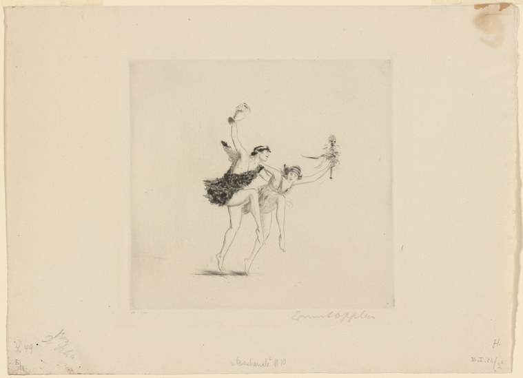 Pen-and-ink drawing of three female figures in exuberant, arched poses with raised arms, titled Bacchanale.