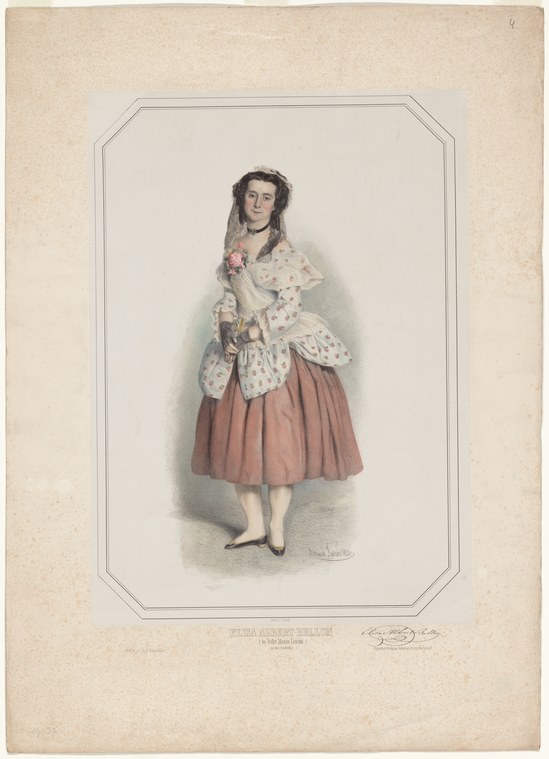 A young woman in a white off-shoulder bodice and rose-colored full skirt, holding flowers, in a theatrical portrait pose wearing a veil.