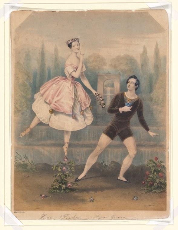 Marie Taglioni leaps in arabesque while male dancer Signor Guerra stands in admiration below, framed by cypress trees in a garden.