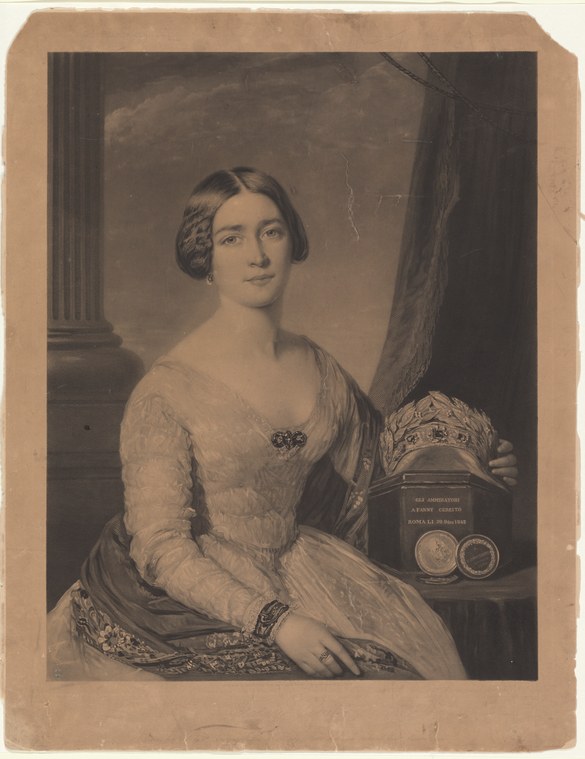 Seated woman in white lace dress, mid-19th century engraving, with commemorative tablet and medallion portraits at her side.
