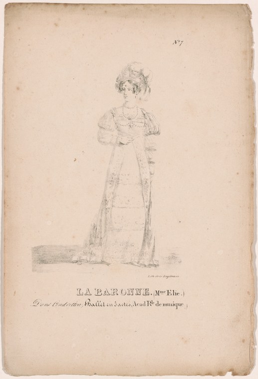 Full-length portrait of a woman in Regency-era ball gown with high waistline and full skirt, standing upright with feathered headdress.
