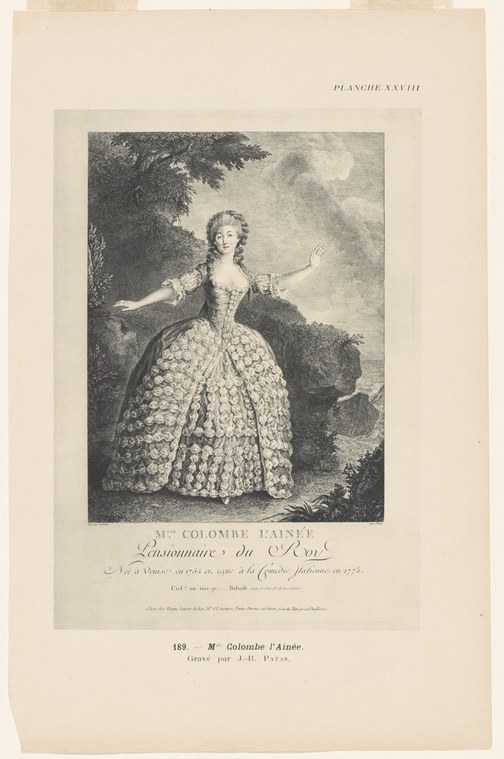 Eighteenth-century engraving of a young woman in an ornate pleated gown, standing with arm extended in a formal court pose.