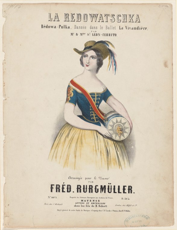 Hand-colored lithograph of a woman in Romantic-era theatrical costume: dark blue bodice, red sash, pale yellow skirt, feathered hat, holding a fan.