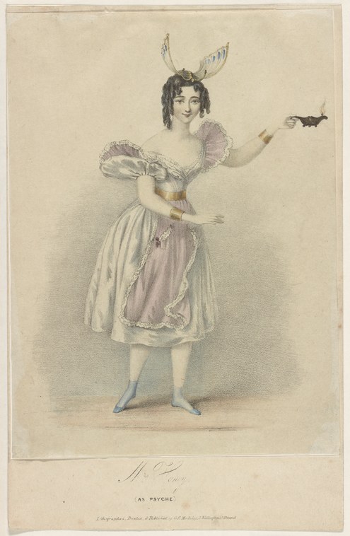 A young woman in pale lavender dress with wing headdress stands in a graceful pose with one arm extended, her skirt billowing as if in motion.