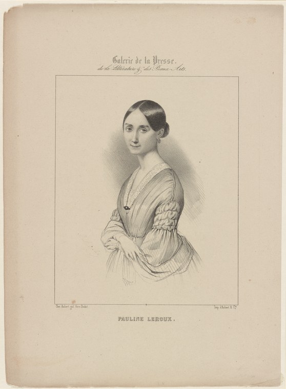 Portrait engraving of a dark-haired woman in a striped dress with full sleeves, facing slightly left, against a plain background.
