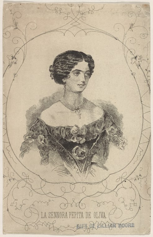 Engraved portrait of a woman in embroidered Spanish dress with off-shoulder neckline and jeweled pendant, enclosed in ornamental scrollwork border.