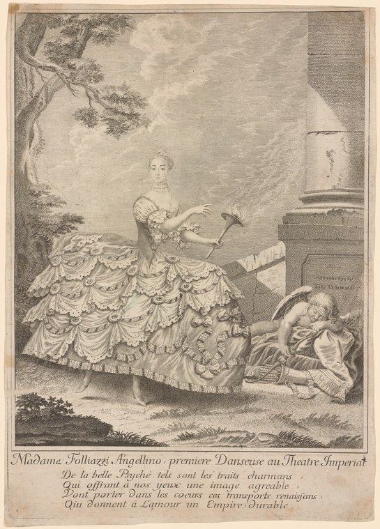 An eighteenth-century engraving shows an elegantly dressed woman in white silk standing upright, gesturing gracefully toward a kneeling youth below her in a