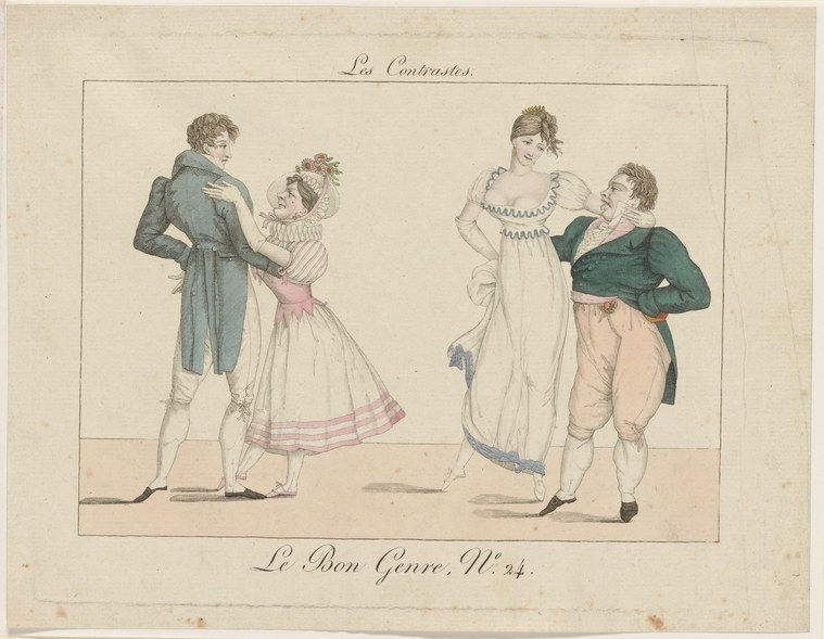 Two couples in Regency dress: left pair stand formally upright; right pair embrace with exaggerated intimacy. Satirical print contrasting ballroom propriety.