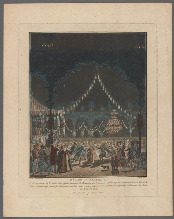 Hand-coloured engraving of a moonlit outdoor festival with a crowd in 18th-century dress dancing around an illuminated pavilion.