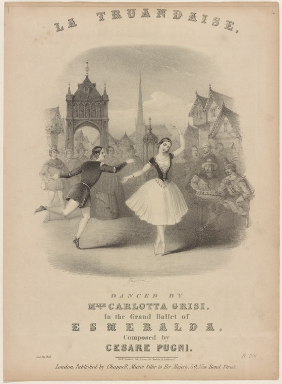 A male dancer in dark clothing leans backward with outstretched arms beside a female dancer in a white tutu standing upright, set against a Gothic cityscape.