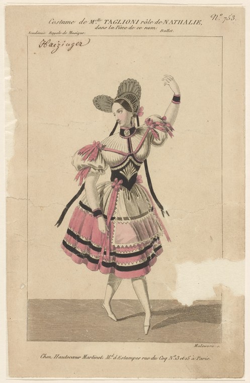 Hand-colored engraving of a ballerina in a white and pink tutu with feathered headdress, arms raised, in Romantic-era ballet pose.