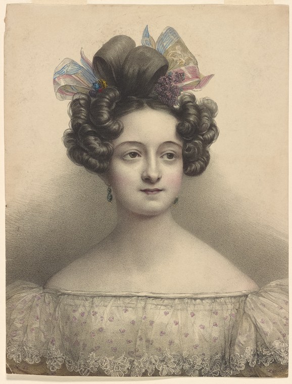 Hand-colored portrait engraving of a young woman with ringlets wearing an off-shoulder dress and an elaborate headdress with translucent wings.