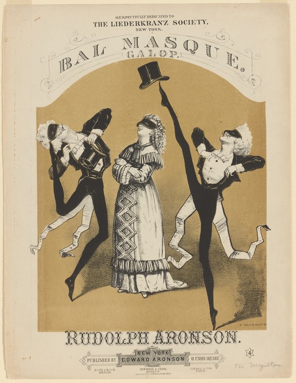 Engraved ball masque cover: woman in white gown between two men in tailcoats performing exaggerated theatrical poses