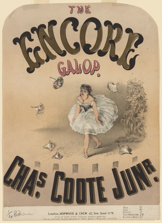 Woman in white ballet skirt and dark bodice, captured mid-leap, on a chromolithographic music cover for a galop.