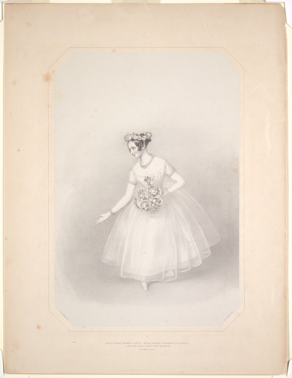 A Romantic-era ballet dancer in a white tulle skirt and corsage, posed standing with pointed left foot and flowers in hand.