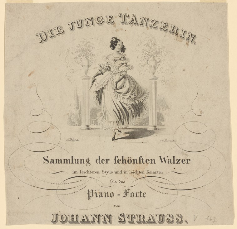 Woman in ball gown stands between classical columns, gazing over her shoulder in refined pose for a waltz music cover.