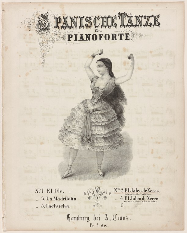 Woman in layered white gown with arms raised, standing on tiptoe in exultant pose, lithograph sheet music cover.