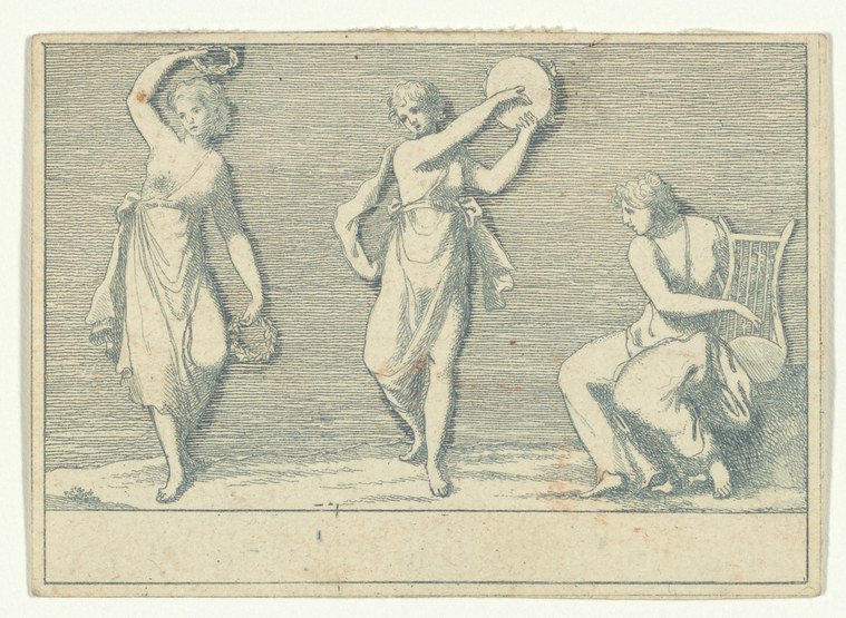 Three women in draped classical garments pose separately: one standing with arm raised, one airborne, one seated bent forward.