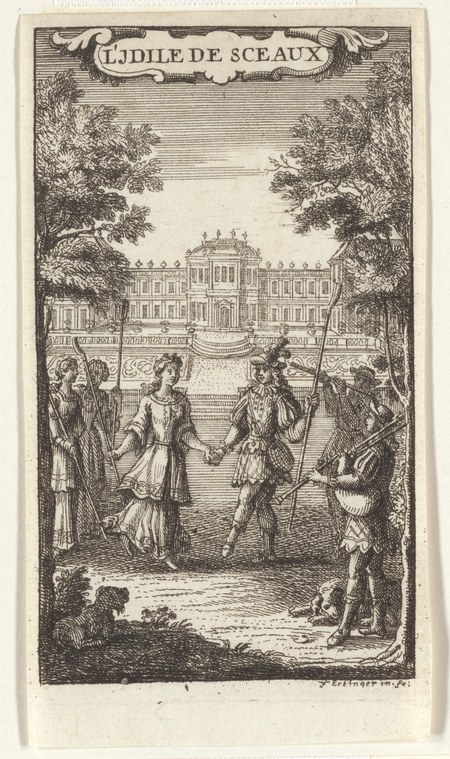 Four elegantly dressed figures in a formal garden before a baroque mansion; a gentleman bows toward a woman in an 18th-century courtship ritual.