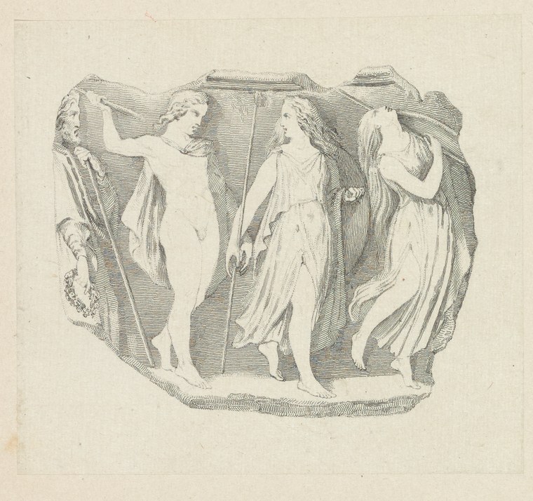 Neoclassical engraving of five draped and semi-nude female figures in formal poses arranged in a frieze, depicting imagined ancient Greek or Roman dancing.