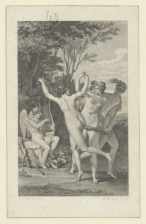 Engraving: Three nudes and two putti in a wooded clearing. Central female figure in mid-leap, arms raised, one leg extended high; second female to right; putto