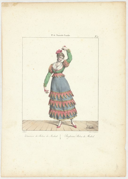 A woman in Spanish theatrical costume with a tiered scalloped skirt stands in a formal pose, one arm raised.