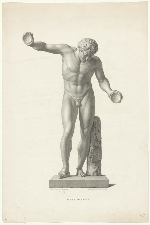 Engraved male nude in classical contrapposto stance, holding spheres, crowned, standing on a plinth with draped fabric.