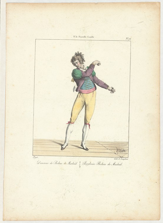 A male Romantic-era ballet dancer in purple striped jacket and pale breeches, standing in posed ballet position with extended arm.