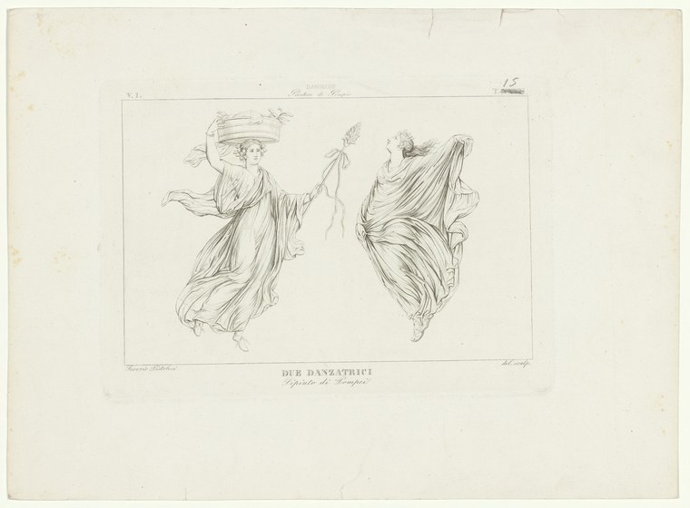 Two women in flowing classical drapery execute solitary movements in a line engraving: one lifting upward with raised arm, the other turning in profile.