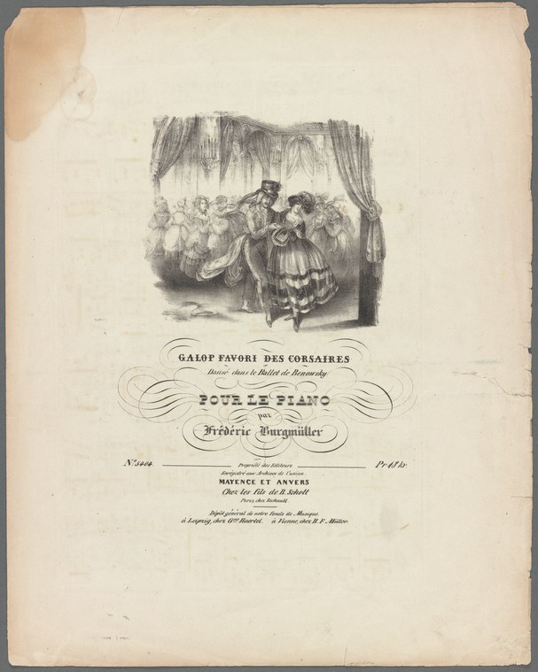 Engraving of a theatrical scene showing a corsair captain in ornate military costume with an assembled group of formally dressed figures on a shadowed stage.