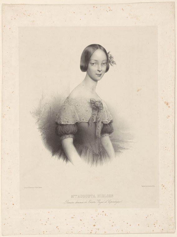 Formal portrait engraving of a young woman in 19th-century dress, identified as Augusta Nielsen, prima ballerina of Copenhagen.