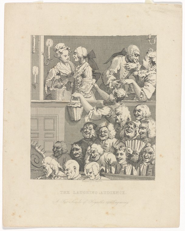Georgian theater patrons packed in a box and pit, faces contorted with laughter, bodies leaning forward in exuberant response.