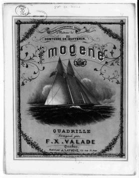 Engraved title page with a two-masted sailing ship under full sail, framed by ornamental borders; title reads Imogene Quadrille by F.X. Valade.